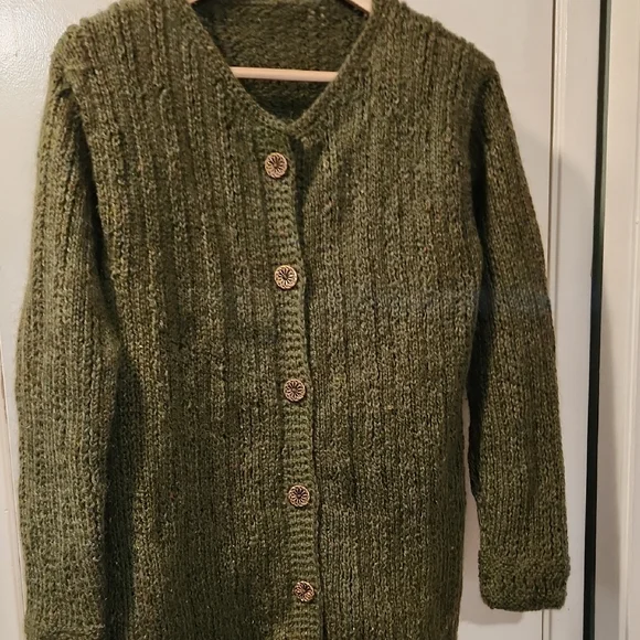 Handmade Olive Green Knit Cardigan with Decorative Goldtone Buttons - Picture 7 of 13